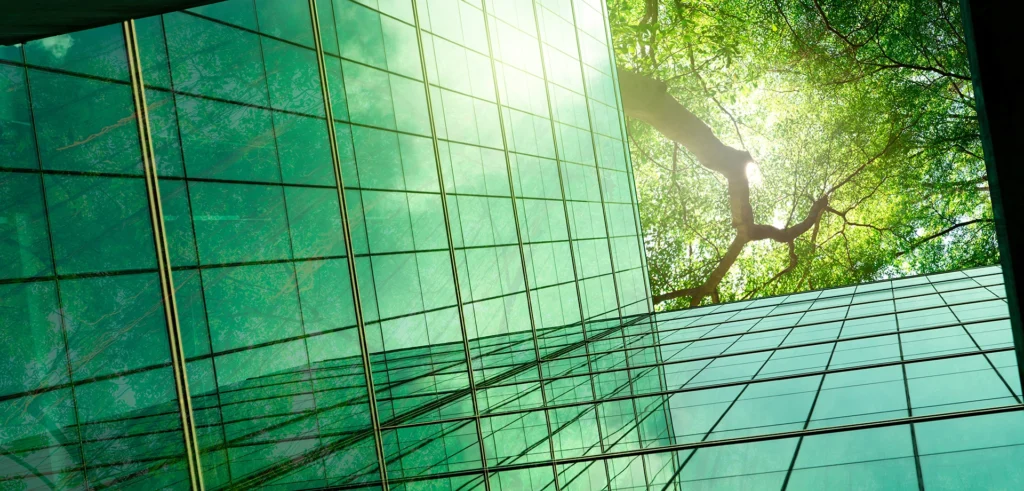 Trees and green glass wall