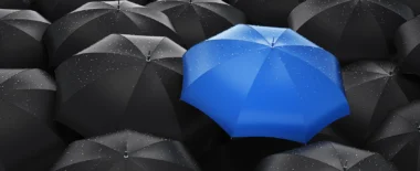 Bracewell Insurance Recovery practice banner image, which shows a blue umbrella among several black umbrellas.
