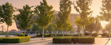 Urban park with trees and landscaped walkways in front of modern buildings at sunrise, representing sustainable development.