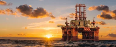 Offshore oil and gas platform at sunset over the ocean, representing energy production and critical infrastructure.