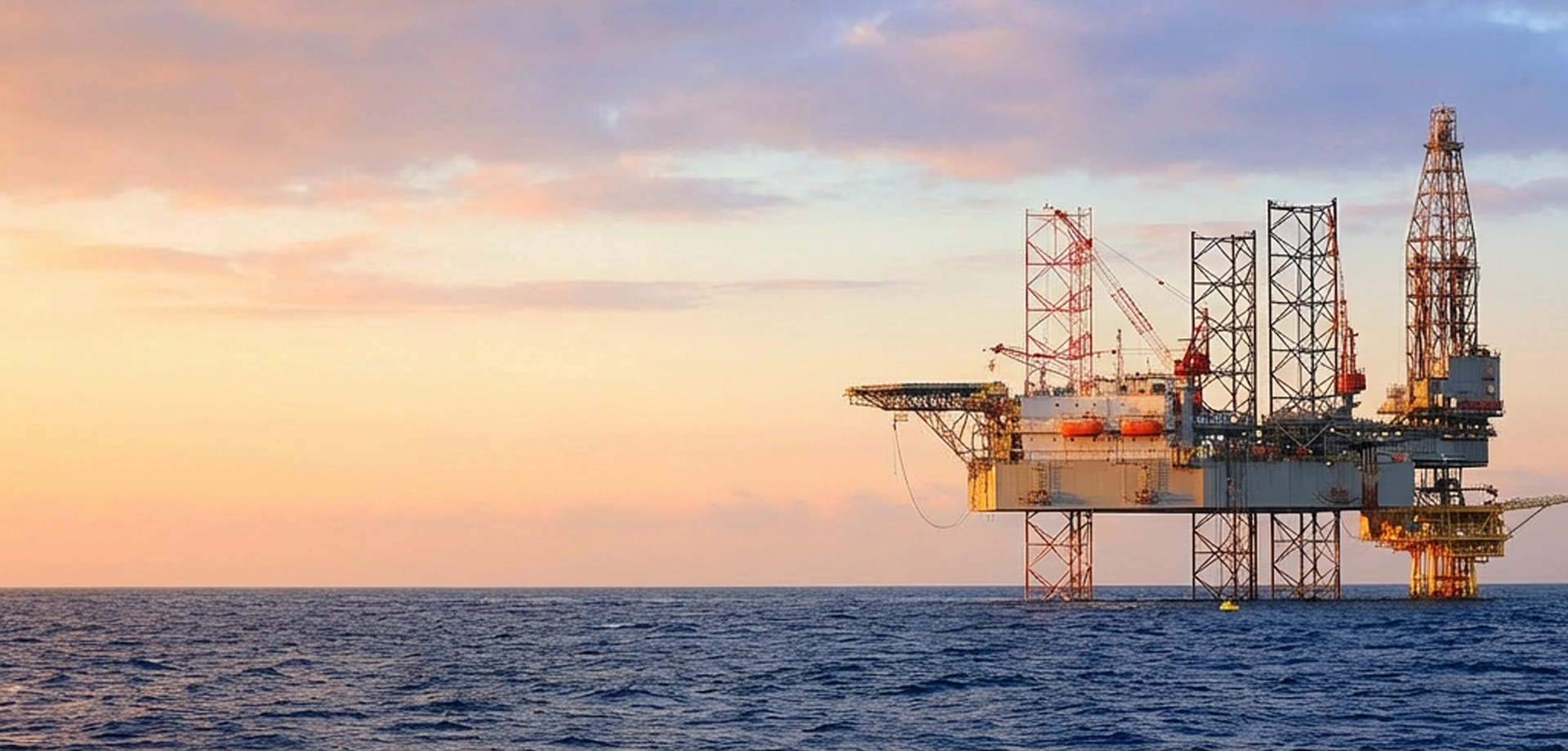 Offshore oil and gas platform in the ocean at sunrise, representing energy production and critical infrastructure.